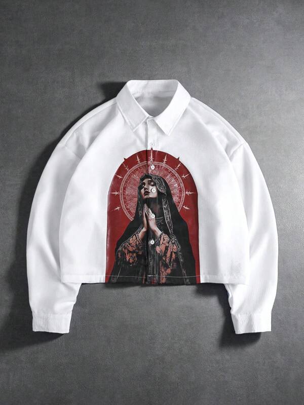 PAVTROS Men's Casual Long Sleeve Short Dropped Shoulder Fashionable Front Button Printed Shirt Men Religious Shirt Virgin Mary Shirt Religious Shirt Catholic Shirt
