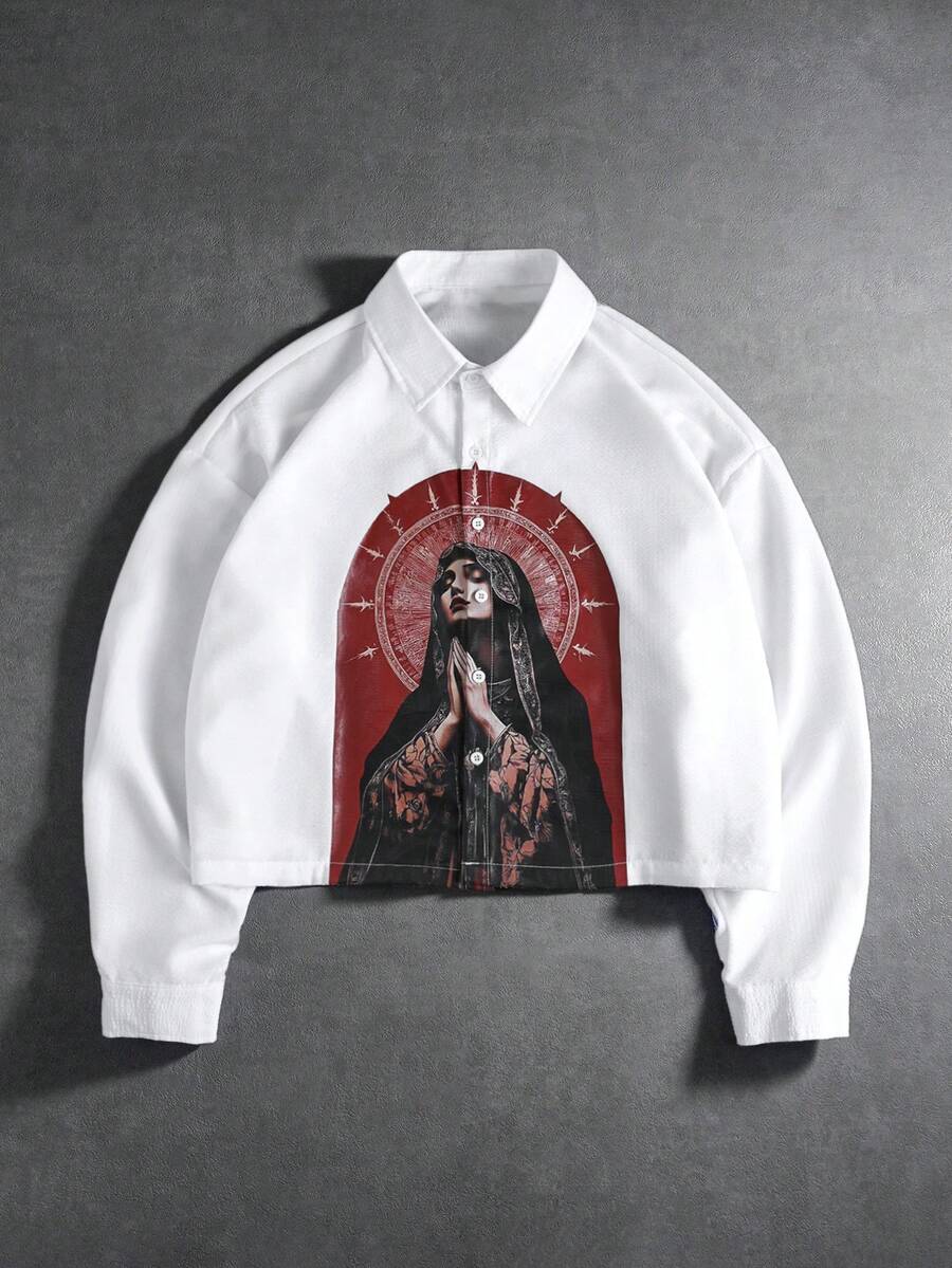PAVTROS Men's Casual Long Sleeve Short Dropped Shoulder Fashionable Front Button Printed Shirt Men Religious Shirt Virgin Mary Shirt Religious Shirt Catholic Shirt - White - View 1
