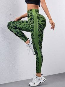SHEIN 绿色提花休闲裤，简约时尚日常瑜伽女裤 - 彩色 - 查看 3