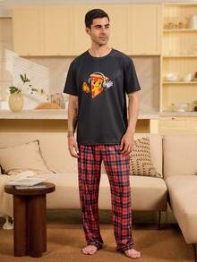 Velminro Men's Cartoon Print Black Crew Neck Short Sleeve Loungewear Top