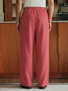 SWAVVY Pantalones anchos de hombre de rayas rojas oscuras de tela tejida, ideales para negocios y viajes - rojo intenso - Ver 3