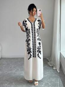 Rafferiza 女士V领露肩袖印花优雅长裙 - 杏色 - 查看 1