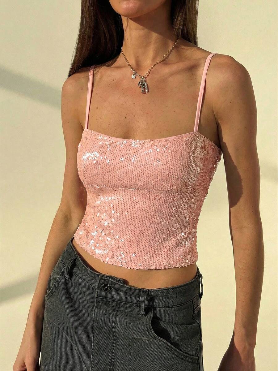 Aloruh Pailletten-Trägerhemd mit offenem Rücken, sexy Party-Top für Frauen, weinrot, geeignet für Valentinstag & Weihnachten - Champagnerfarben - Übersicht 1