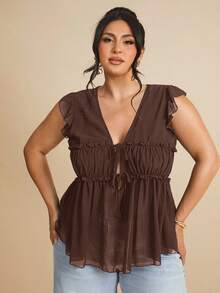 SHEIN BAE 1 chiếc áo nữ cỡ lớn không tay bằng vải lanh, kiểu dáng thường ngày, có cúc trang trí, thích hợp cho bữa ăn trưa, đi chơi, hẹn hò, đi làm, đi du thuyền. - Cà phê nâu - Xem 3