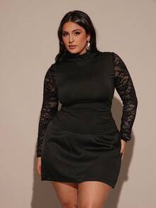 SHEIN BAE Plus Size Autumn/Winter Women's Casual Vintage Solid Color Knit Contrast Lace Long Sleeve Fitted Women Top,Fall,Christmas, New Year,Casual,Plus Size Formal,Elegant, Thanksgiving Day,Black Lace Top,Christmas, New Year,Casual,Plus Size Formal,Elegant, Thanksgiving Day Top - White - View 6