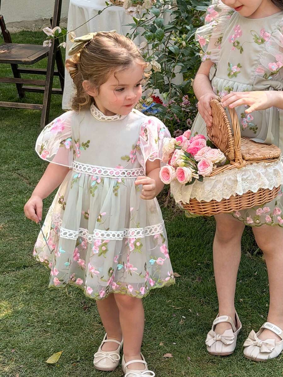 LMoss Kids LMoss   Baby Girl Woven Mandarin Collar Solid Color Patchwork Embroidered Mesh Casual Dress,,فستان,تنوره,فساتين بنات,ملابس اطفال,Baby Girls Clothes,Prom Dress,Summer Clothes,Suitable For Everyday Life, Parties, Birthdays, And Celebrations In Spring And Summer. - Multicolor - View 1
