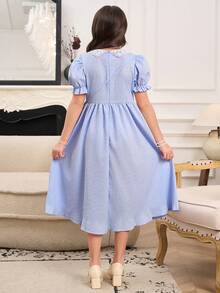 SHEIN Kids Elegant Lace Trim Peter Pan Collar Dress, Girls Puff Sleeve Jacquard Blue Dress For Birthday Party & Daily Wear - Blue - View 2