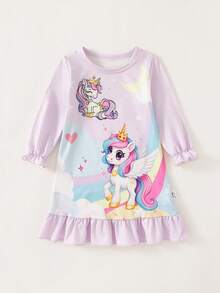 Baby Girls' Unicorn, Rainbow, Cloud & Moon Print Ruffle Hem Loose Comfortable Long Sleeve Dress, Nightgown & Loungewear - Purple - View 1