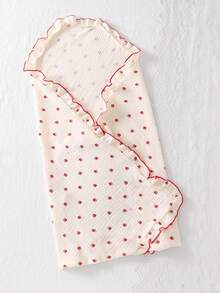 新生儿杏色底红色波点图案长袖连体衣，含帽子和襁褓毯套装 - 杏色 - 查看 5