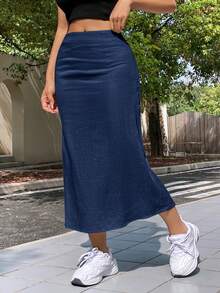 SHEIN EZwear Linen Lightweight Long Skirt, Summer - Navy Blue - View 4