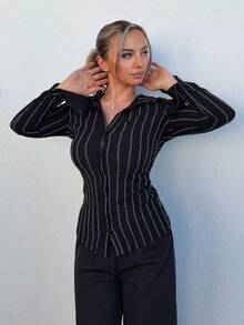 Jeta Ari 修身条纹喇叭长袖衬衫，休闲、可爱、优雅，适合各种场合，包括假日、秋季、工作、秋冬季、圣诞节派对等。 - 黑色 - 查看 4