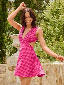 KARISMINA 春夏度假风格纹镂空V领女士迷你连衣裙 - 粉色 - 查看 6