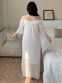 Dazy Plus Mesh Contrast Lace Off-Shoulder Loose Sexy Long Nightgown - White - View 4