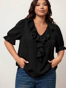 Enliva Áo kiểu nữ cỡ lớn cổ chữ V tay ngắn xếp bèo, áo hè cho nữ cỡ lớn màu đen, phù hợp với dáng người quả táo và tròn trịa. - màu đen - Xem 3