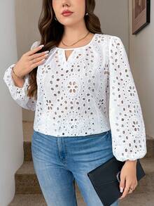 SHEIN LUNE Áo cánh tay đèn lồng cổ tròn màu trơn thêu thanh lịch thời trang cỡ lớn - trắng - Xem 4