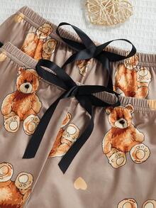 Tween Girl Spring And Summer New Cute Bear Print Shorts And Pants Matching Short Sleeve Top 3-Piece Homewear Set - Brown - View 9