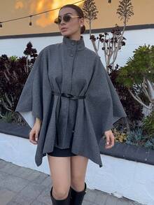 Andrea Bello 女士秋冬优雅高领蝙蝠袖收腰羊毛混纺大衣 - 灰色 - 查看 6