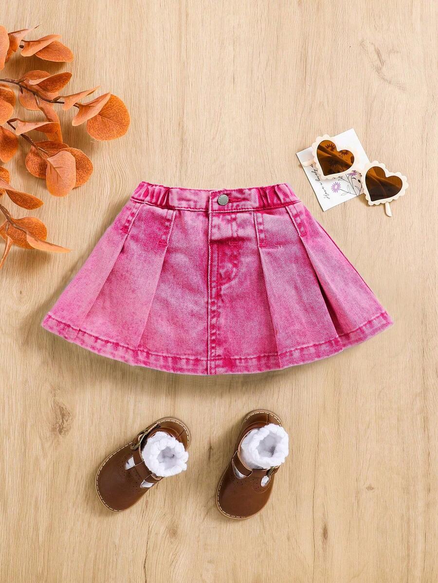 SHEIN Baby Girl Casual Pleated Denim Mini Skirt, Everyday Wear - Pink - View 1
