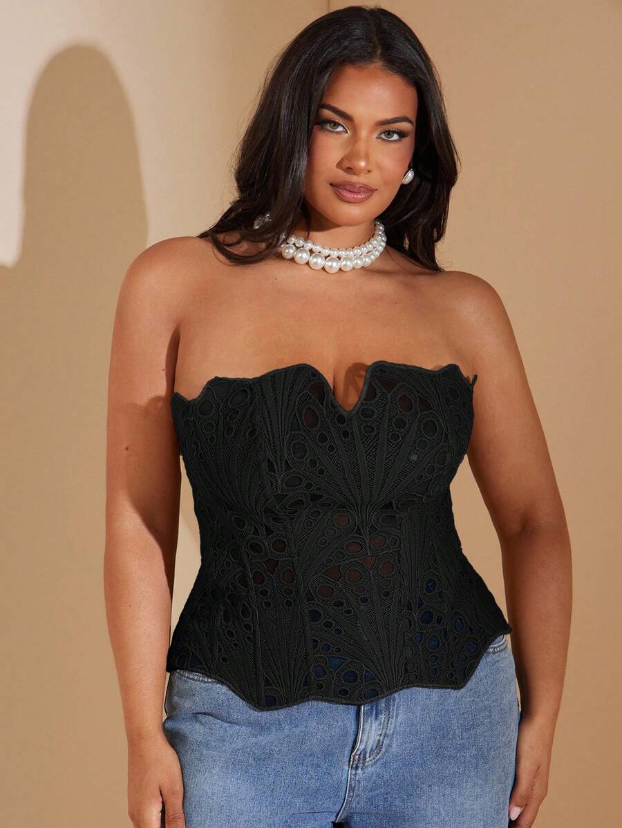 SHEIN BAE Plus Size Women's Fishbone Bralette, Tie-Up, Y2K Cropped Camisole, Suitable For Early Autumn, Spring/Summer,Valentine's Day,Valentine Outfits For Women