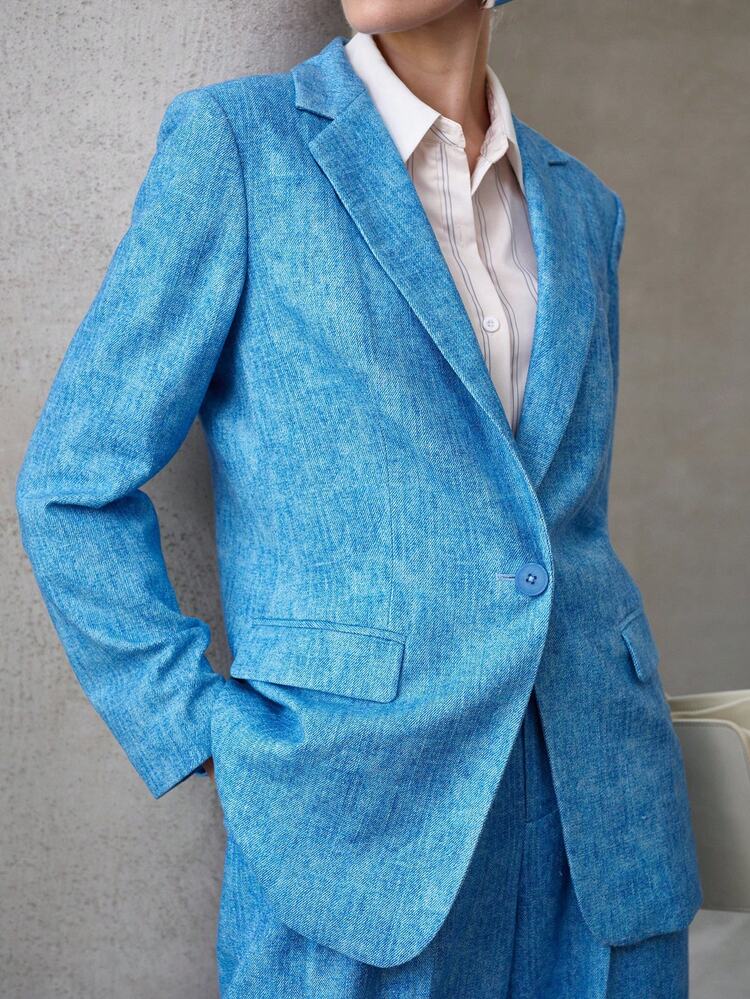 WOMEN'S LINEN LOOSE DENIM EFFECT PRINT LONG SLEEVE BLAZER, SPRING/SUMMER