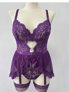 SHEIN Bộ đồ lót ren cỡ lớn 4 món có gọng - Màu tím - Xem 6