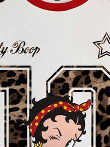 Betty Boop x SHEIN Women's Casual Fashionable Street Style Everyday Commute Leopard Print Digit & Cartoon Character Contrast Striped Side Oversized Loose Thermal Lined Crew Neck Sweatshirt, Autumn/Winter - White - View 3