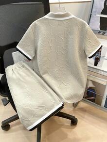 SHEIN 两件套儿童/青少年男童休闲日常舒适罗纹领半拉链针织 Polo 衫和短裤套装 - 卡其色 - 查看 2