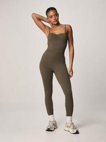 MISSGUIDED Ruched Bust Low Back Full Length Unitard One Piece Long Leg Bodysuit With Sweetheart Neckline - Army Green - View 1
