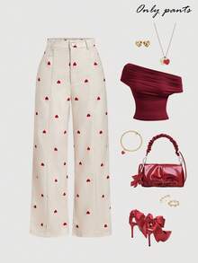 SHEIN MOD 女士时尚爱心印花直筒裤，适合通勤、新年、灯芯绒裤、爱心图案、约会、休闲女装、直筒裤、复古、优雅、米色长裤、学院风、返校及办公穿着、度假、新年女装、休闲女装、Y2K、极简欧美风、爱心灯芯绒裤、阔腿裤、红色爱心裤、长款灯芯绒裤 - 杏色 - 查看 1