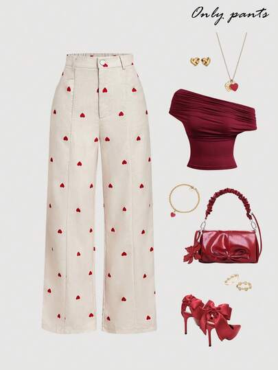 SHEIN MOD Women's Fashion Heart Print Straight Leg Pants, Suitable For Commuting, Women's Pants, New Year , Corduroy Trousers, Heart Pattern, Date, Casual For Women, Straight-Leg Trousers, Retro, Elegant, Beige Trousers, Preppy, Back-To-School & Office Wear, Vacations, New Year's For Women, Casual Women, Y2K, Minimalist European And American, Heart-Shaped Corduroy Trousers, Wide Leg Pants, Red Heart Pants, Long Corduroy Pants