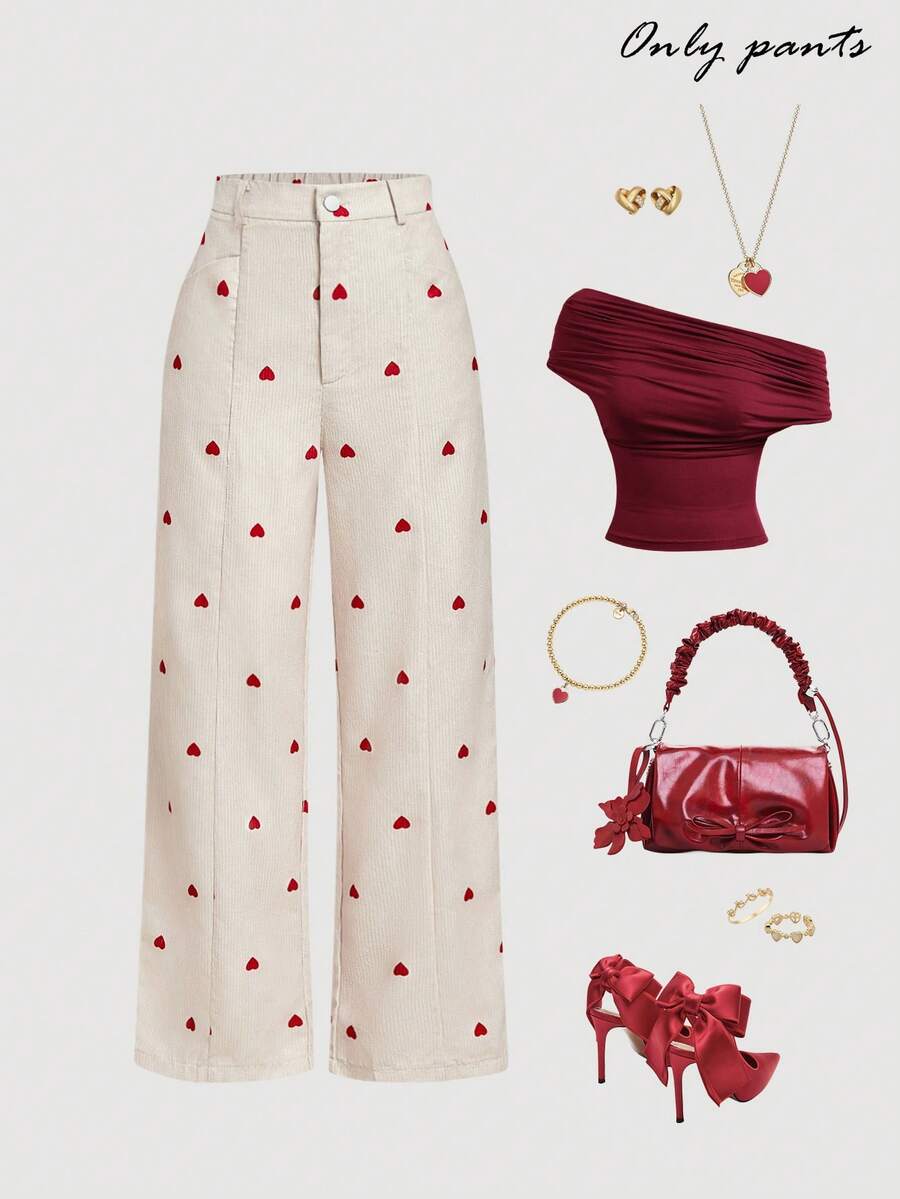 SHEIN MOD 女士时尚爱心印花直筒裤，适合通勤、新年、灯芯绒裤、爱心图案、约会、休闲女装、直筒裤、复古、优雅、米色长裤、学院风、返校及办公穿着、度假、新年女装、休闲女装、Y2K、极简欧美风、爱心灯芯绒裤、阔腿裤、红色爱心裤、长款灯芯绒裤 - 杏色 - 查看 1