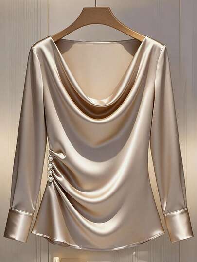 GlowEve CURVE Blusa de manga larga con cuello con volantes y botones decorativos para mujer de talla grande, adecuada para salidas, citas y la temporada de regreso a clases