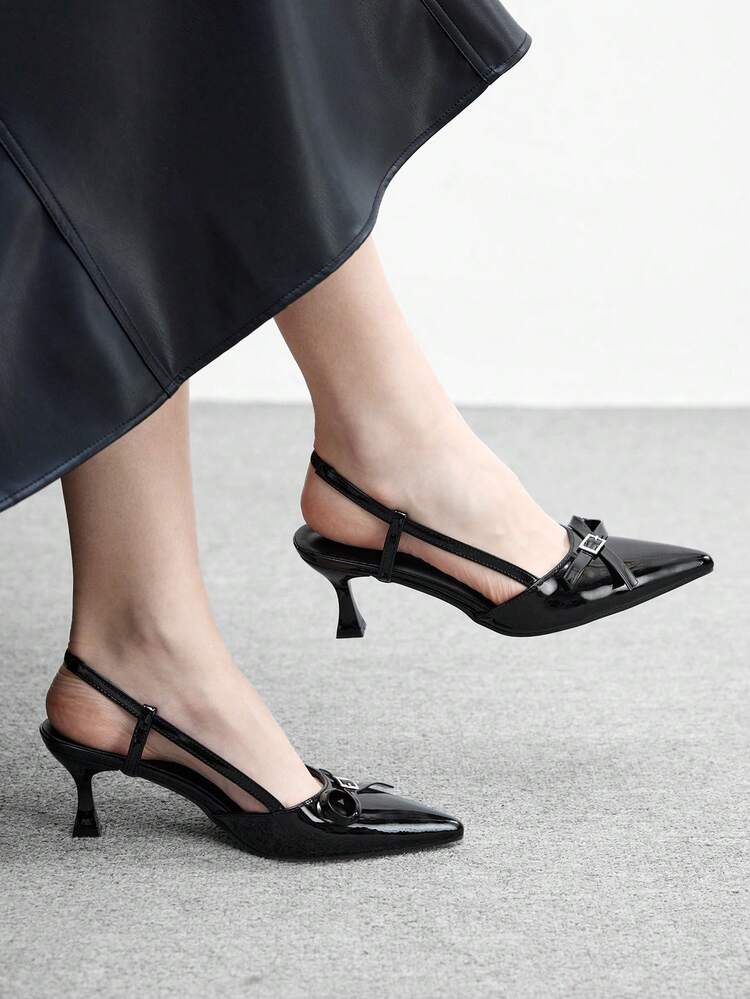 CUCCOO BIZCHIC Women's Fashion Pointed Toe Black PU Material Silver Eyelets Daily Commute Work Party Slip-On Kitten Heel Pumps Valentine's Day