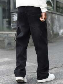 Manfinity Hypemode 男士户外休闲拼接黑色水洗宽松直筒牛仔裤 - 黑色 - 查看 2