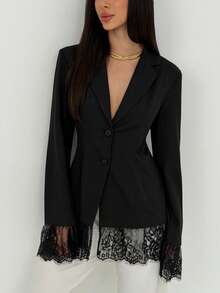 Aloruh Minimalist Commuting Office Lace Patchwork Deep V Neck Long Sleeve Blazer - Black - View 2