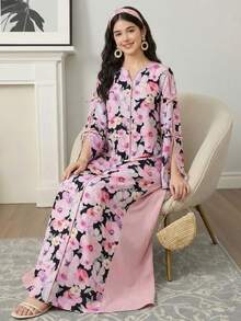 SHEIN 少女纯色拼接印花V领直筒长款连衣裙/睡袍，舒适休闲，适合春秋季日常穿着，阿拉伯长袍，端庄得体。 - 粉色 - 查看 7