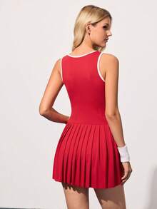 CourtClass Women's Summer Contrast Trim Pleated Hem Waist Cinched Tennis Dress - Burgundy - View 2