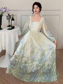 Dazy Plus Elastic Mesh Floral Print Elegant Waist-Cinched Dress, Vacation Style, Plus Size, Spring/Summer