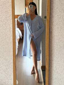 DAZY Loose Knit Lace Patchwork Tie-Up Women Sleepwear Robe - Purple - View 7