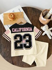 2pcs/Set Retro Sporty Numeric 23 Print Young Girl Casual Minimalist Short Sleeve Top And Shorts Set, Suitable For Summer, Back To School, 2000s Style, Korean Style, Autumn/Fall, Campus Vibe, City Walk, Outdoor Picnic, Streetwear - Multicolor - View 3