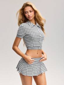Sweetina Women's Casual Plaid Collar Cardigan Top And Waist Splicing A-Line Skirt 2 Piece Set