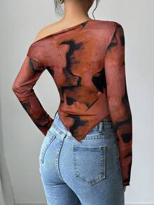 Firerie Women's Fashion Asymmetrical Hem Oblique Shoulder Printed Long Sleeve T-Shirt - Multicolor - View 2