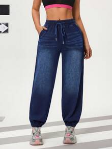 Flexra Women's Elastic Waist Loose Comfortable Drawstring Ankle-Length Jeans - Dark Wash - View 4