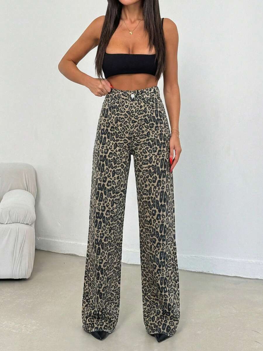 SHEIN Tall 100%纯棉中腰阔腿豹纹高个牛仔裤 - 彩色 - 查看 1