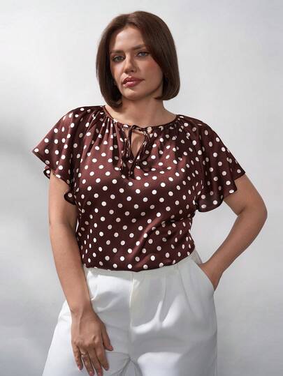 Chikora Plus Size Women Casual Polka Dot Print Tie Front Shirt Spring To Summer Summer Summer Outfits Elegant Dress Women Elegant Women's Blouses Elegant Blouses For Ladies Summer Holiday Outfits Holiday Vacation Casual Blouses For Women Polka Dot Top Polka Dot  Old Money Style,Suitable For Multiple Occasions,Halloween, Homecoming,Christmas,Business Casual Woman,Business Casual Women,Business Casual Woman Curve, Teacher