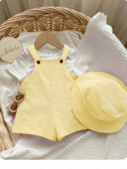 2pcs Set With Hat Baby Boy/Girl Summer Blue & White Striped Bib Shorts & Bucket Hat Set, Casual Outfit For Home, Outing, Beach