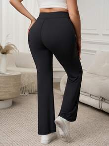 SHEIN LUNE Quần ống loe trơn màu dành cho nữ cỡ lớn, có túi, chất liệu co giãn cao, thích hợp cho thể thao và sinh nhật, thanh lịch. - màu đen - Xem 6