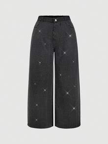 SHEIN MOD Plus Size Women Rhinestone Pocket Wide Leg Loose Fashion Jeans - Black - View 5