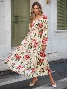 Louniche Robe élégante de mode pour femmes, décontractée et confortable, charmeuse, rétro et romantique. Manches longues, col carré, taille cintrée, dos froncé, imprimé floral, ourlet évasé (imprimé floral aléatoire) - Rouge - Voir 6