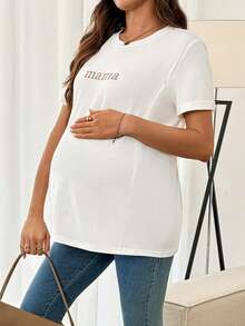 SHEIN 孕妇字母印花圆领短袖休闲哺乳上衣 - 白色 - 查看 4